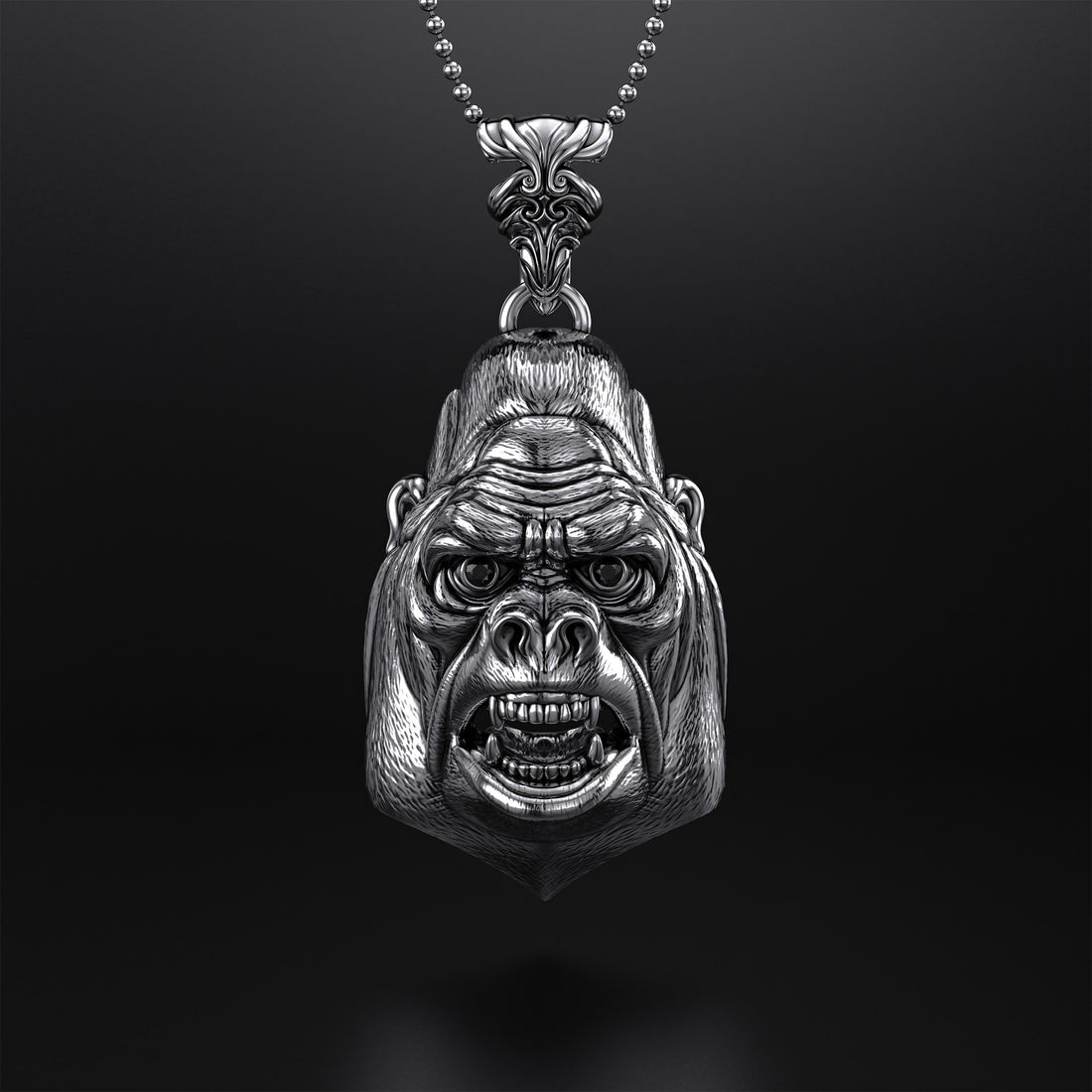 Gorilla Head Pendant with Diamond or Black Onyx Eyes, Silver Oxidized or Gold Satin Finish