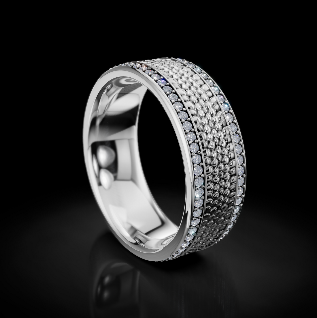 Bold Men's Wedding Ring: Snake Skin Texture and Diamonds