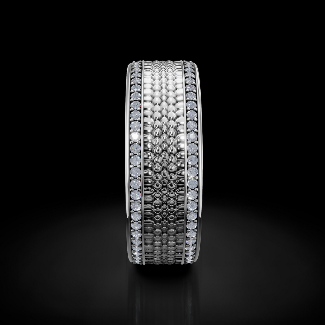 Bold Men's Wedding Ring: Snake Skin Texture and Diamonds