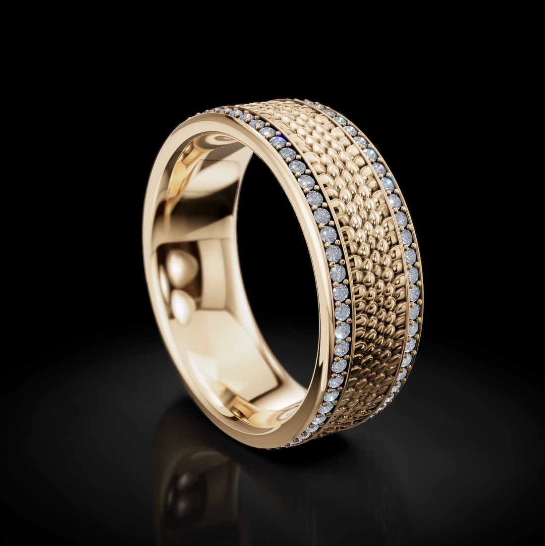 Bold Men's Wedding Ring: Snake Skin Texture and Diamonds