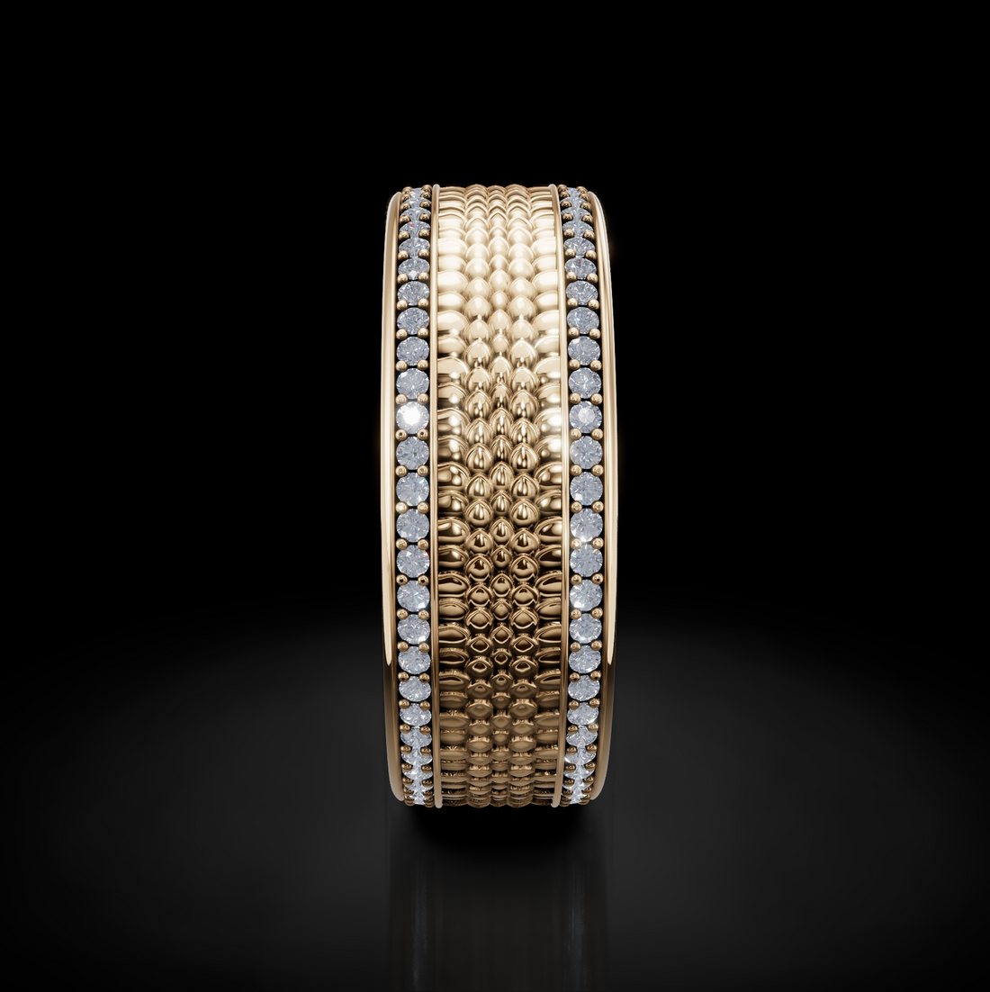 Bold Men's Wedding Ring: Snake Skin Texture and Diamonds