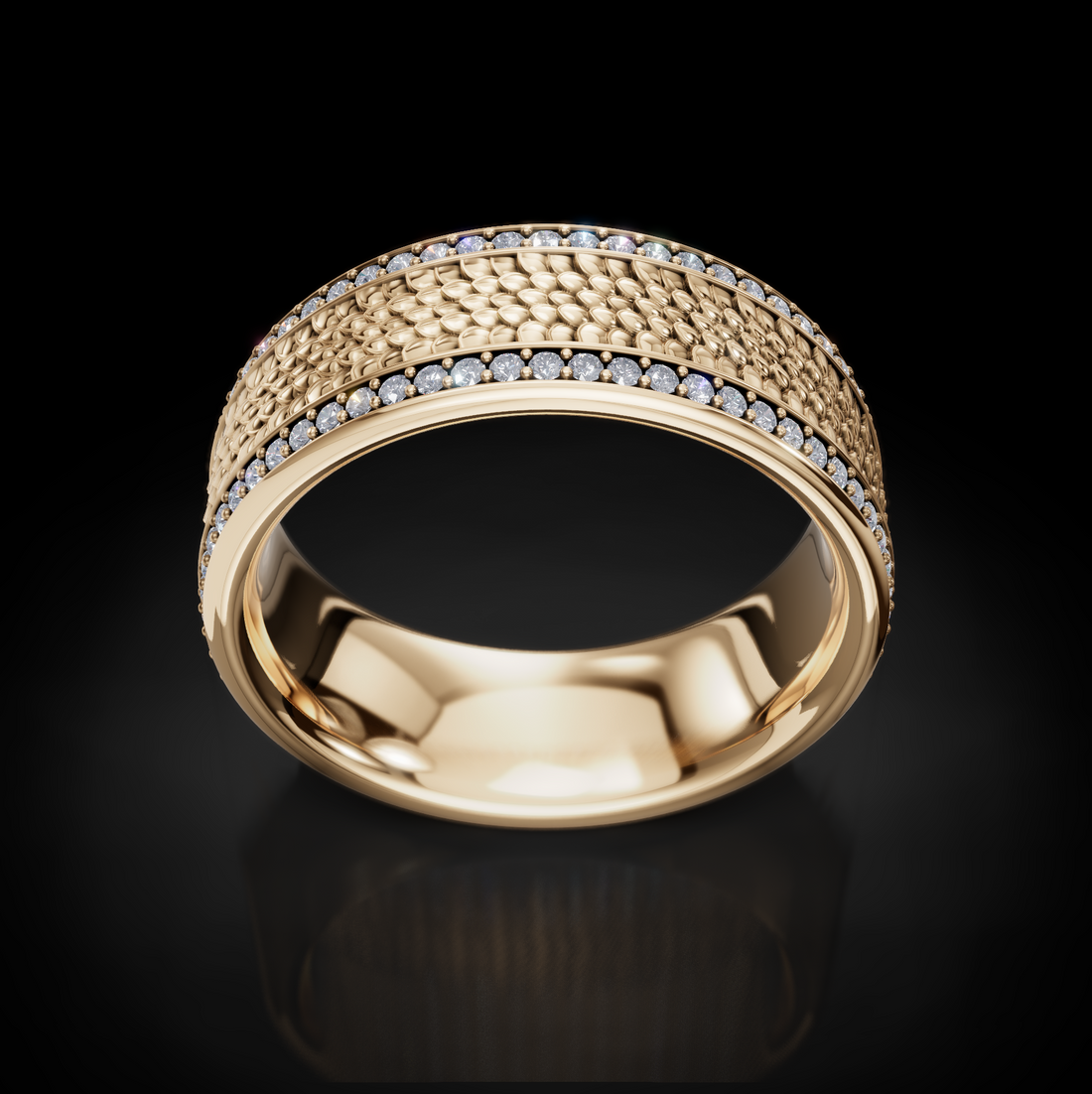 Bold Men's Wedding Ring: Snake Skin Texture and Diamonds