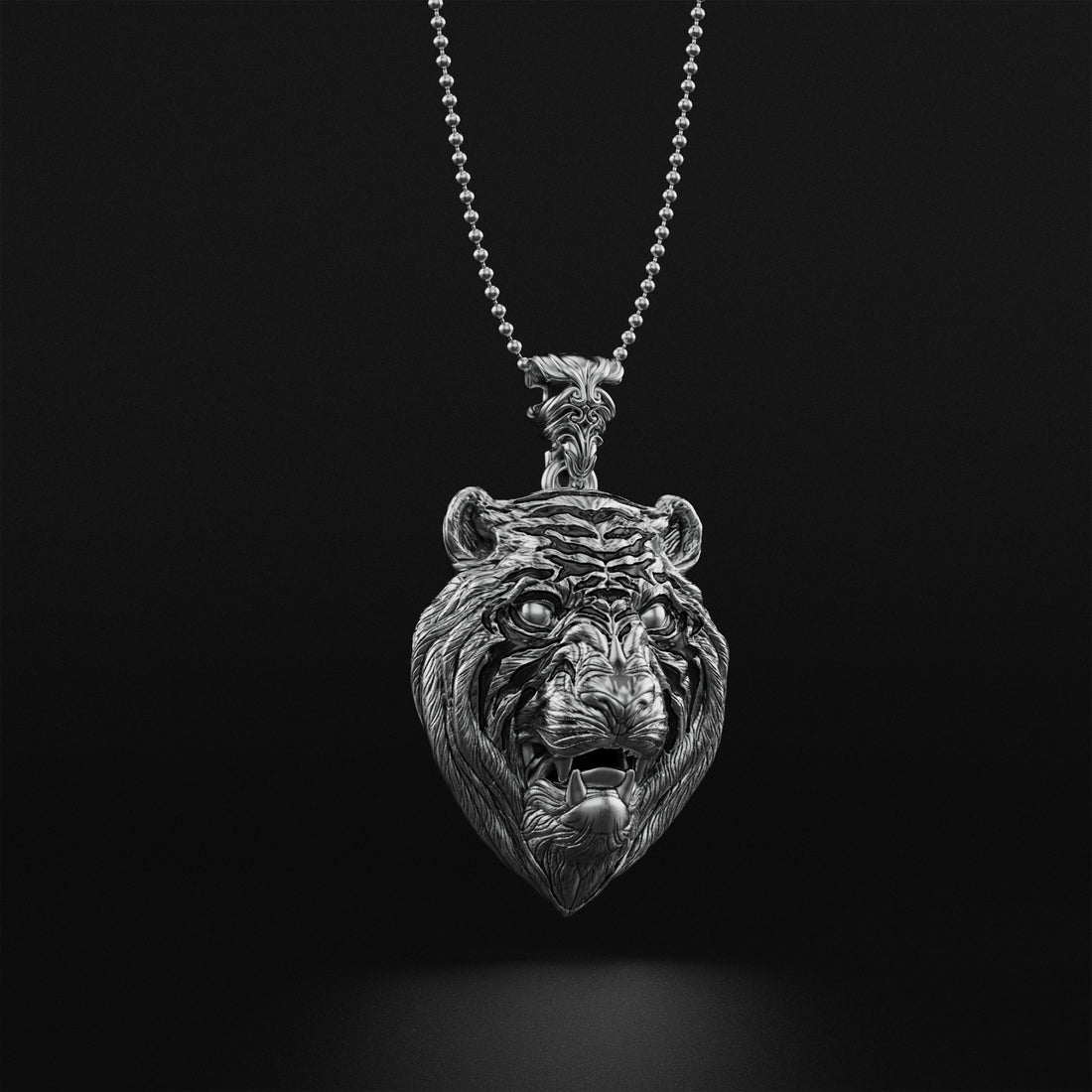 Tiger Head Pendant with Black Enamel Stripes