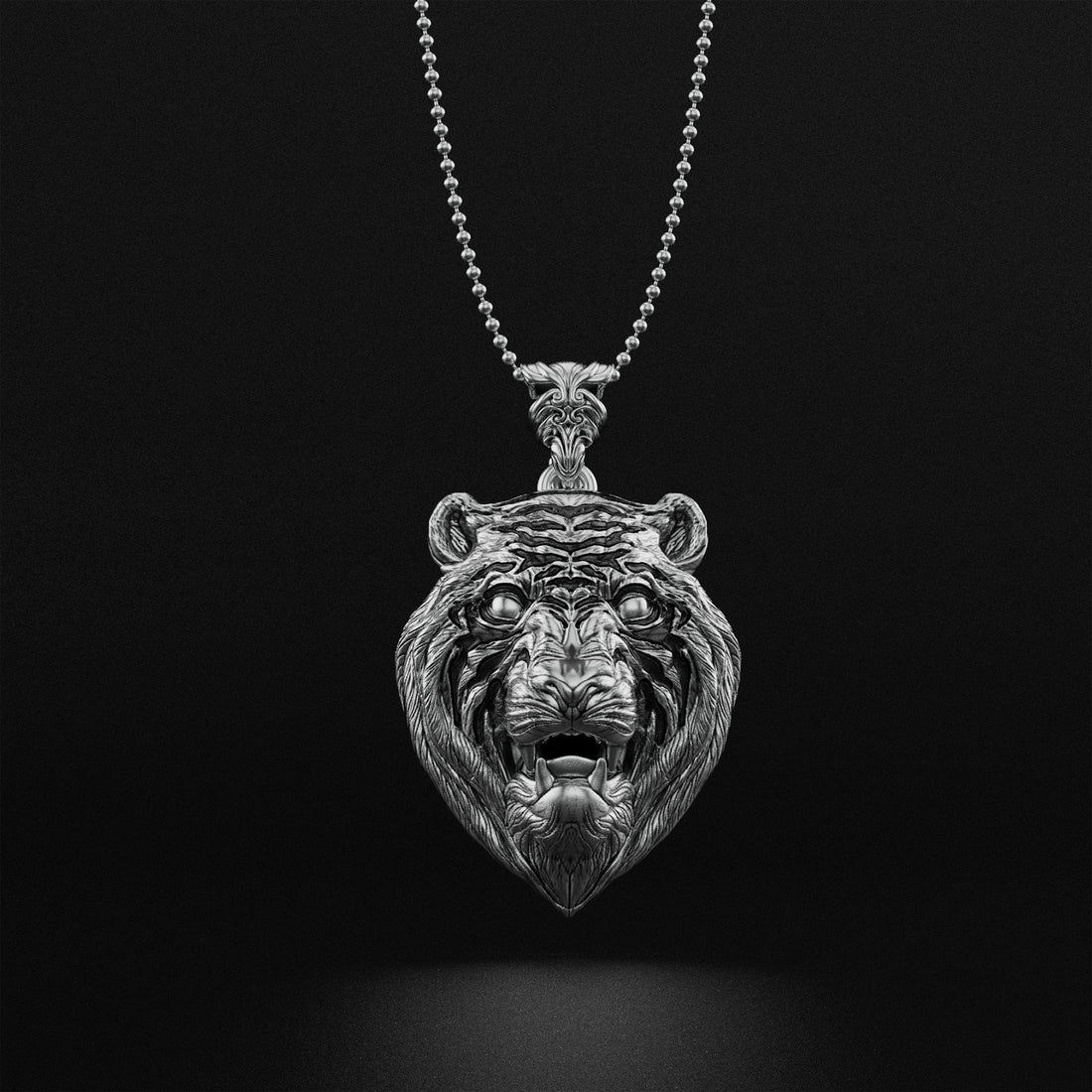 Tiger Head Pendant with Black Enamel Stripes