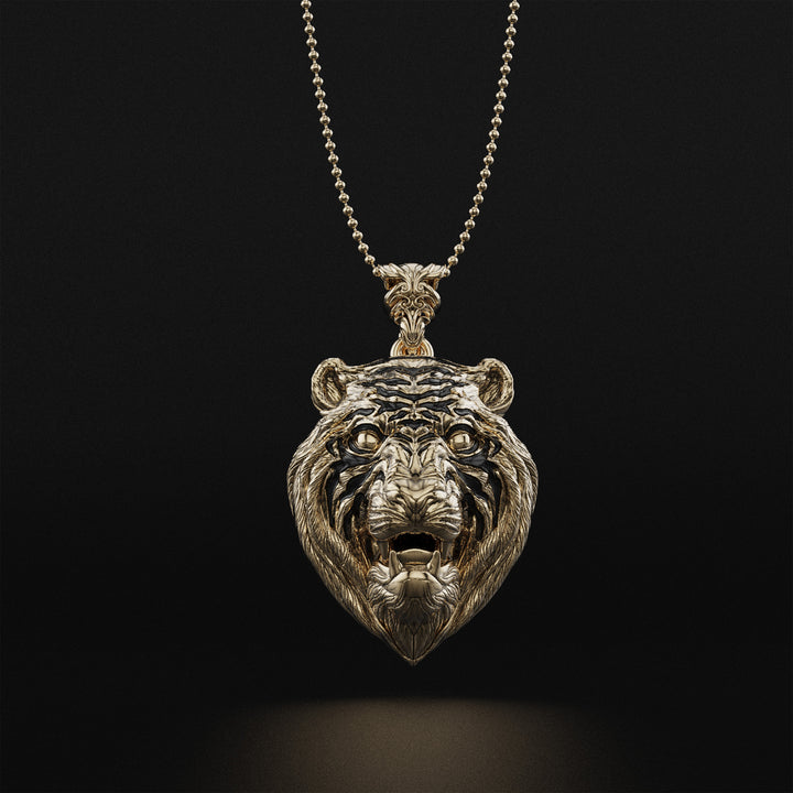 Tiger Head Pendant with Black Enamel Stripes