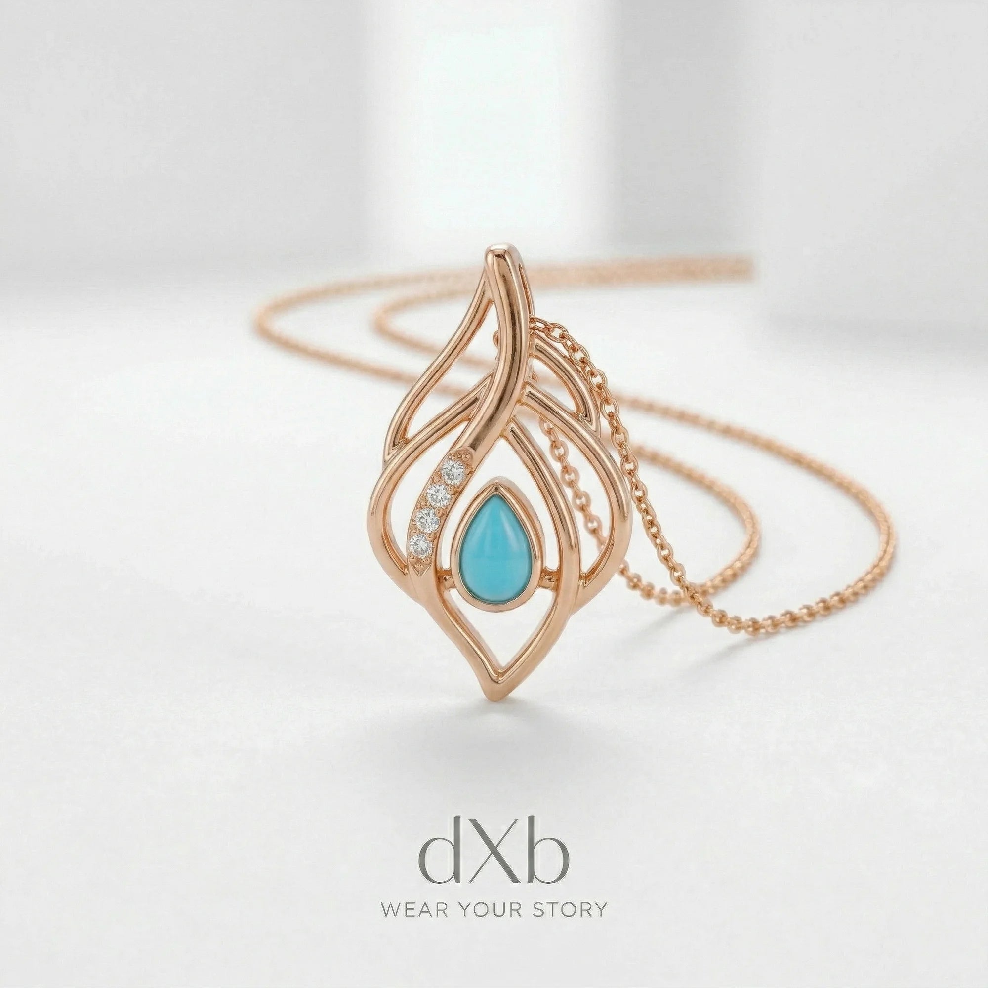 14k rose gold turquoise pear Feather Motif pendant