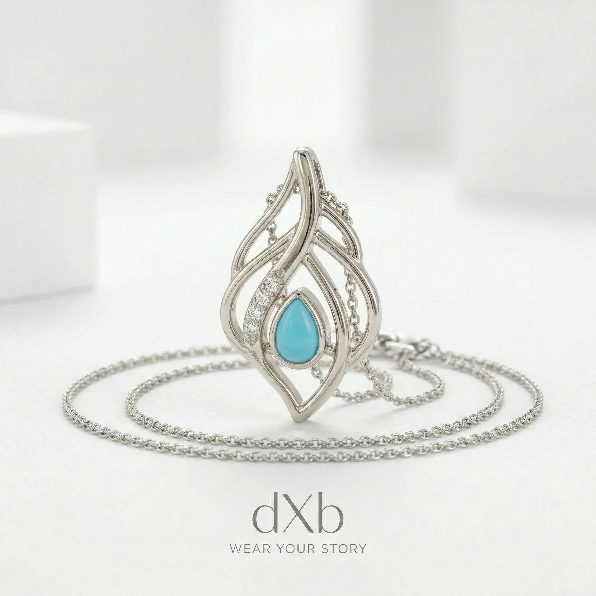 14k white gold turquoise pear Feather Motif pendant