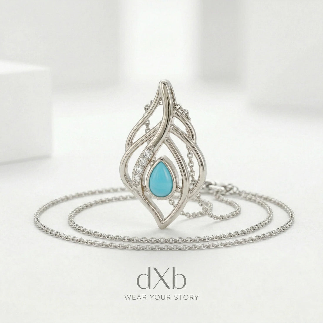 14k white gold turquoise pear Feather Motif pendant