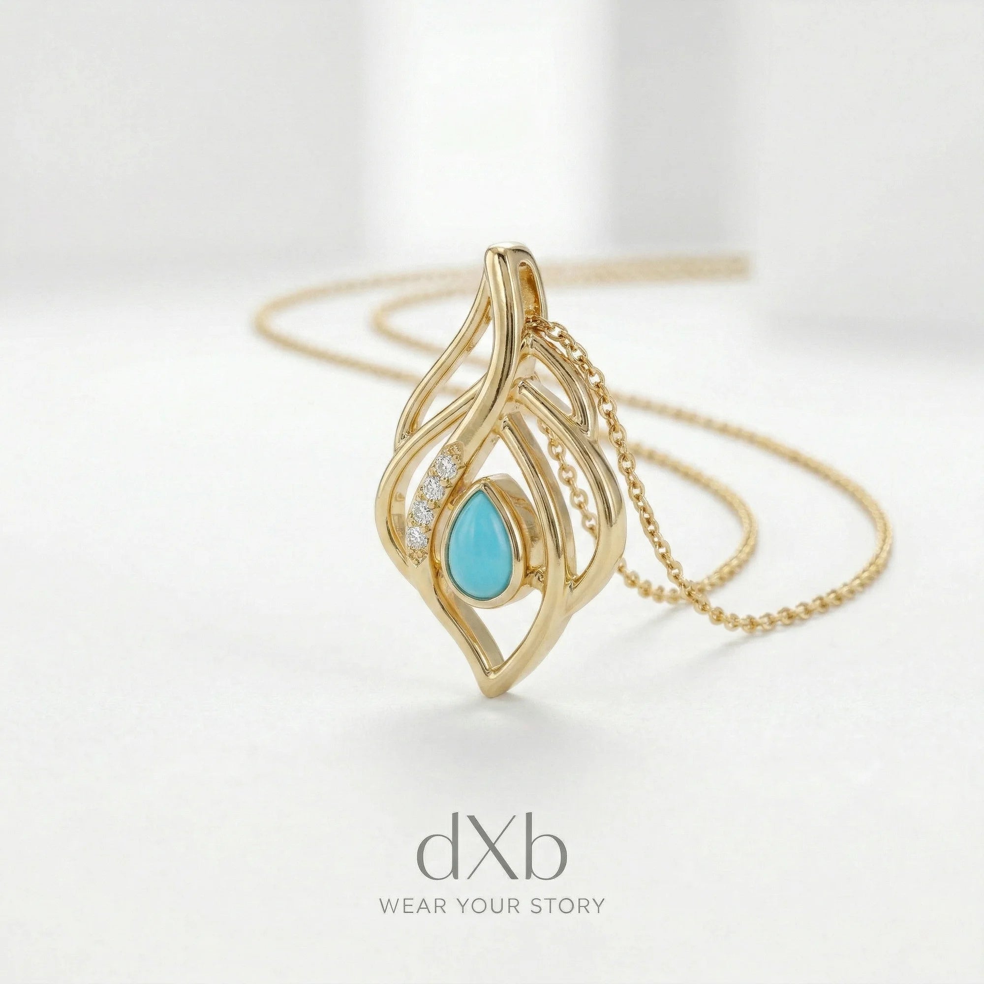 14k yellow gold turquoise pear Feather Motif pendant