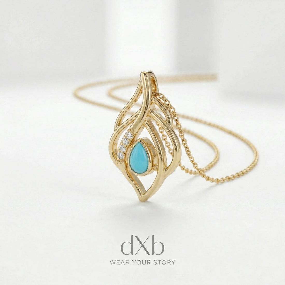 14k yellow gold turquoise pear Feather Motif pendant