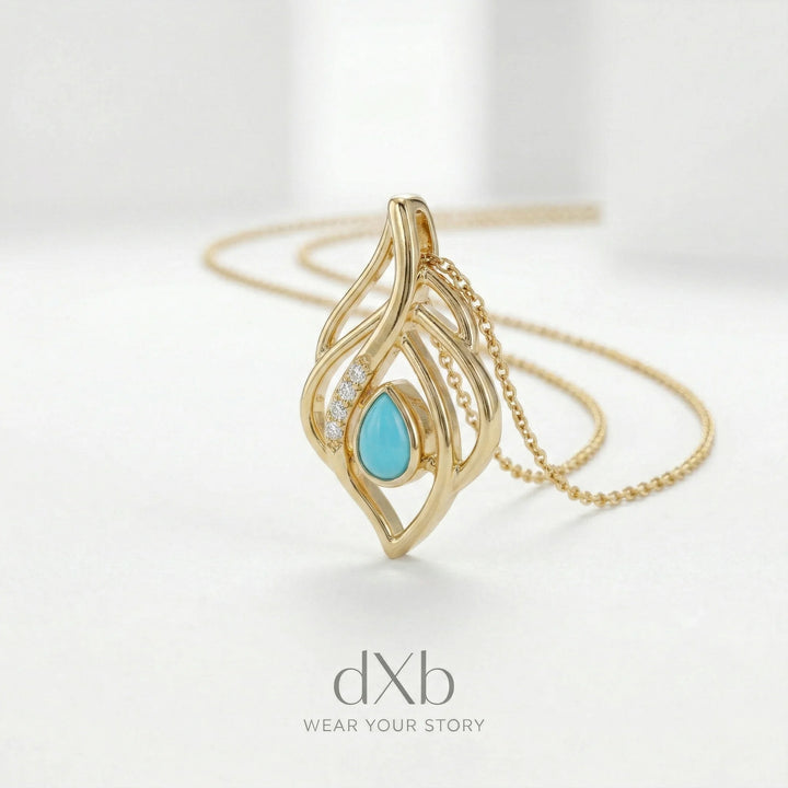 14k yellow gold turquoise pear Feather Motif pendant