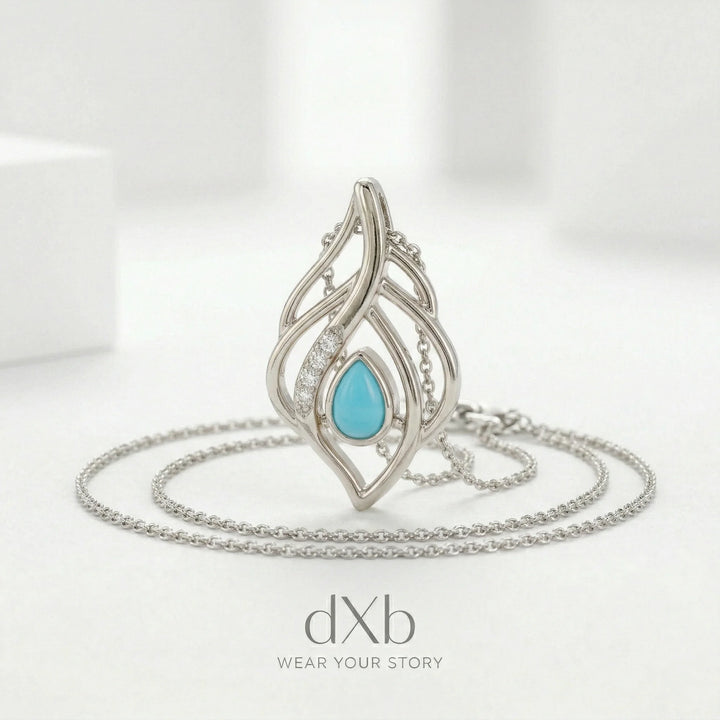 platinum turquoise pear Feather Motif pendant