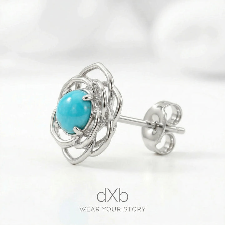 platinum turquoise round floral motif earring