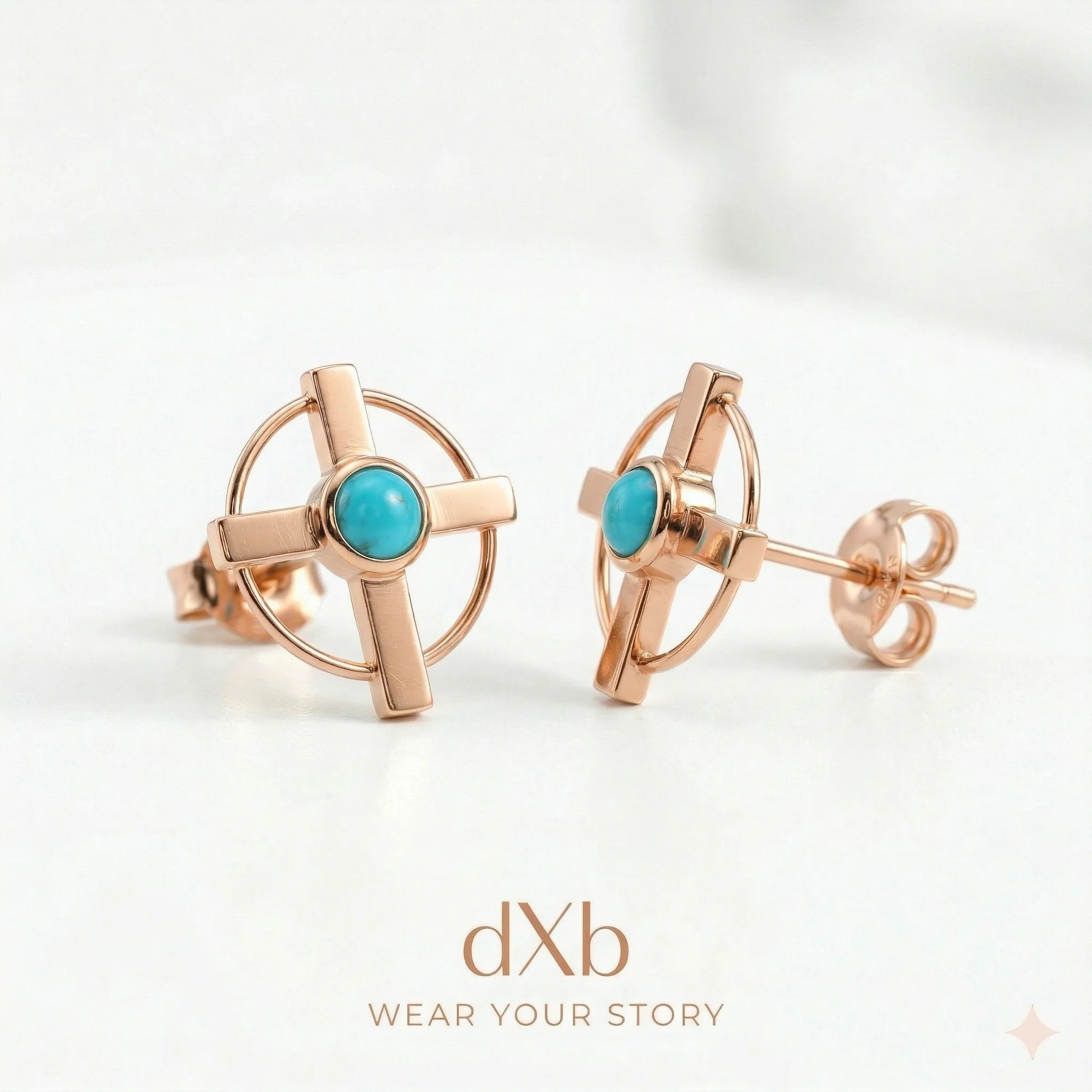 14k rose gold turquoise round cabochon geometric cross earring