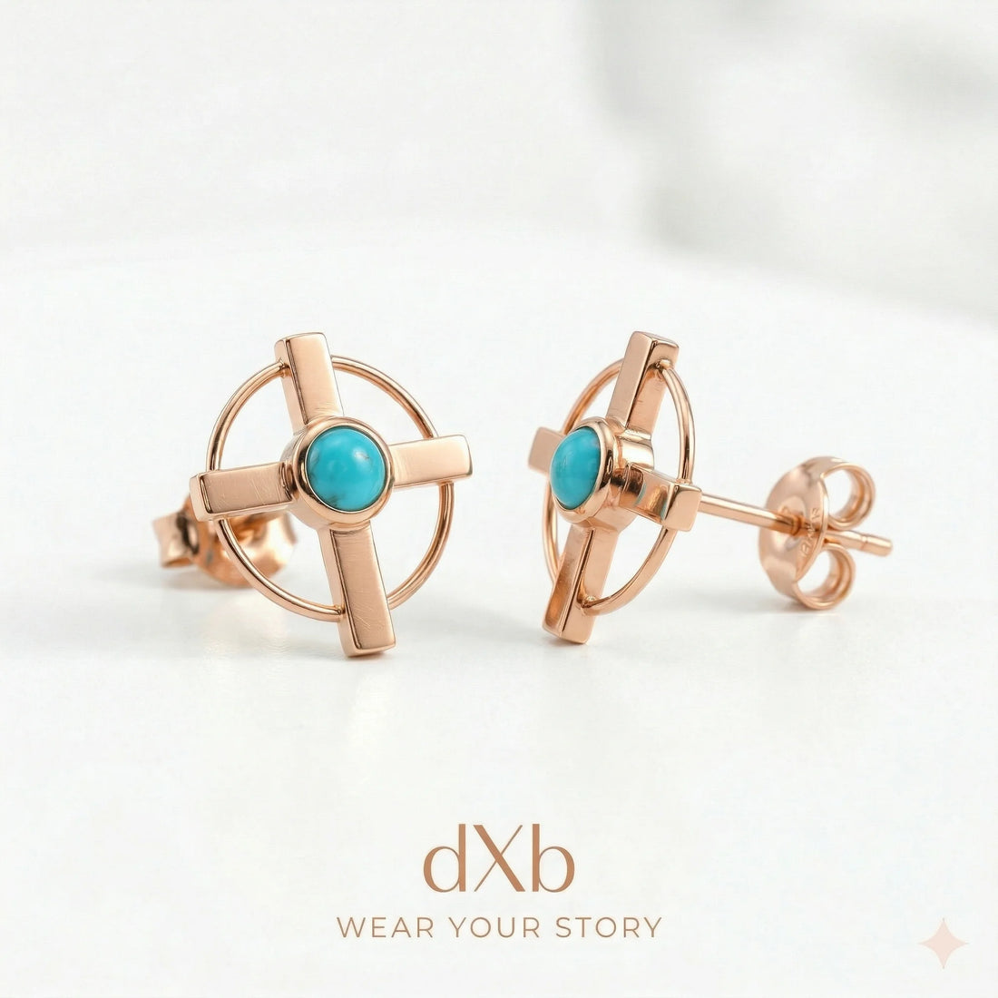 14k rose gold turquoise round cabochon geometric cross earring