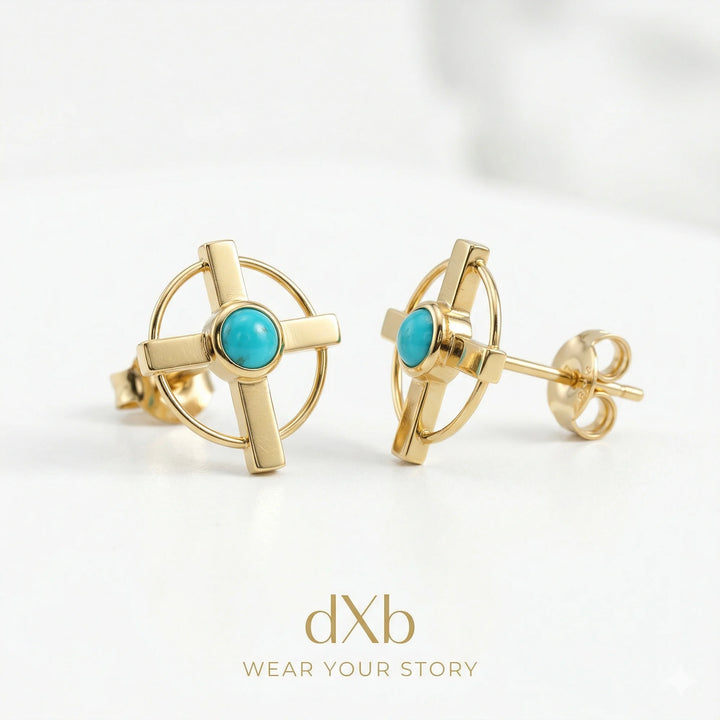 14k yellow gold turquoise round cabochon geometric cross earring