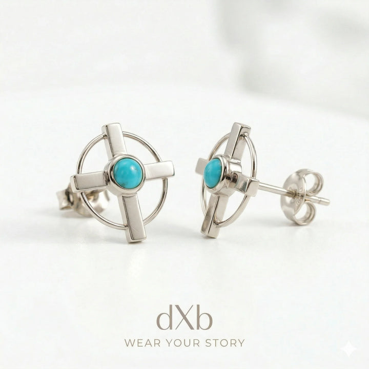 platinum turquoise round cabochon geometric cross earring