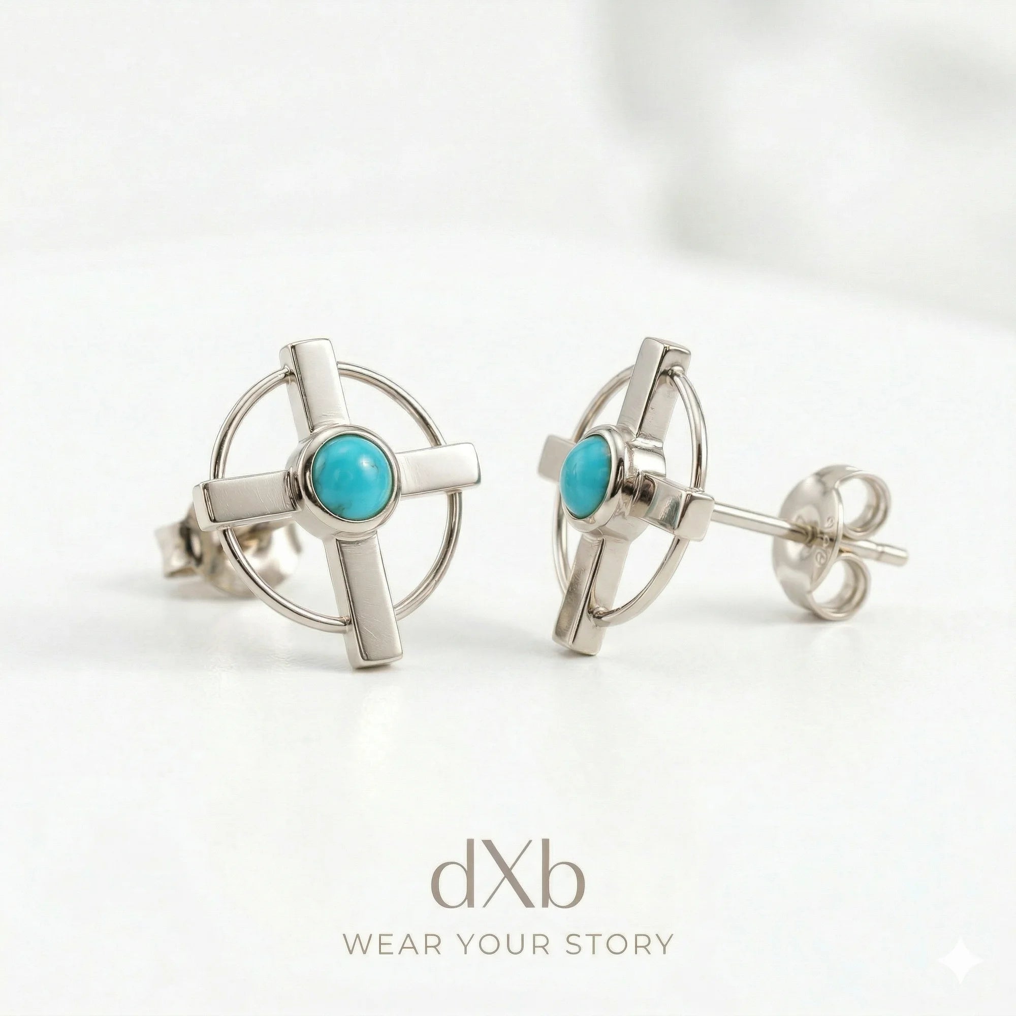 silver turquoise round cabochon geometric cross earring
