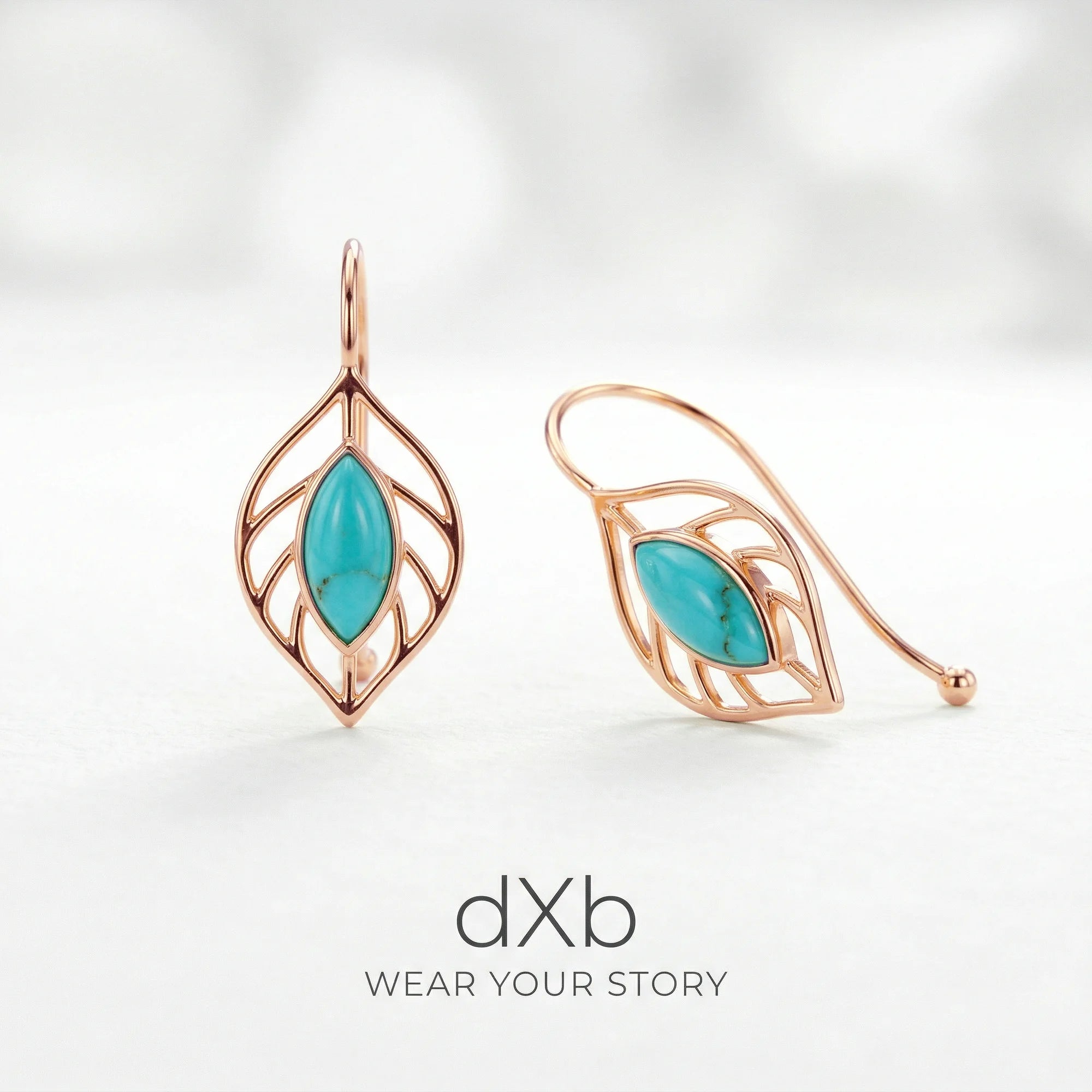14k rose gold turquoise marquise leaf motif, botanical, dangle earring
