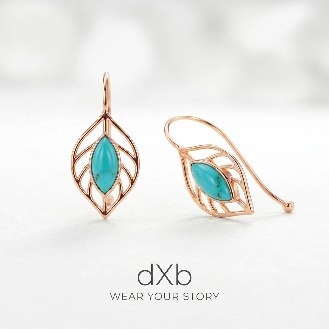 14k rose gold turquoise marquise leaf motif, botanical, dangle earring