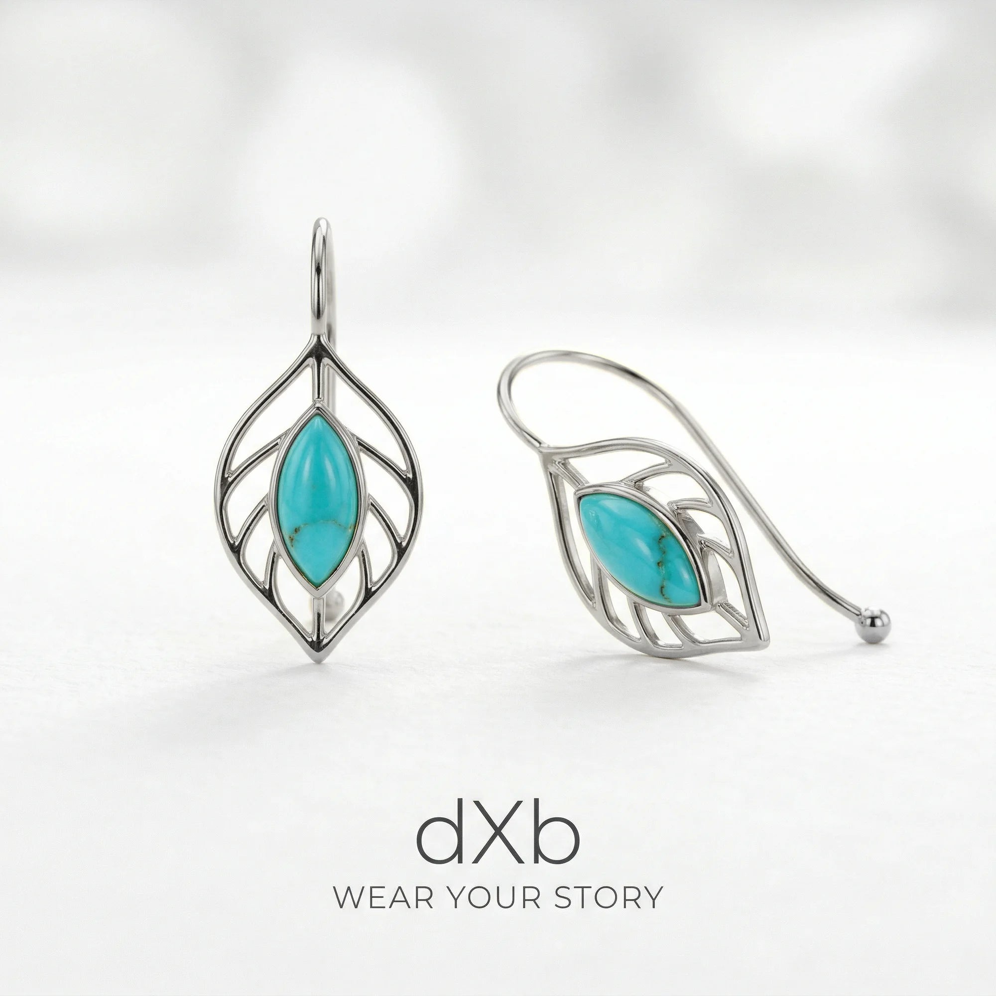 14k white gold turquoise marquise leaf motif, botanical, dangle earring