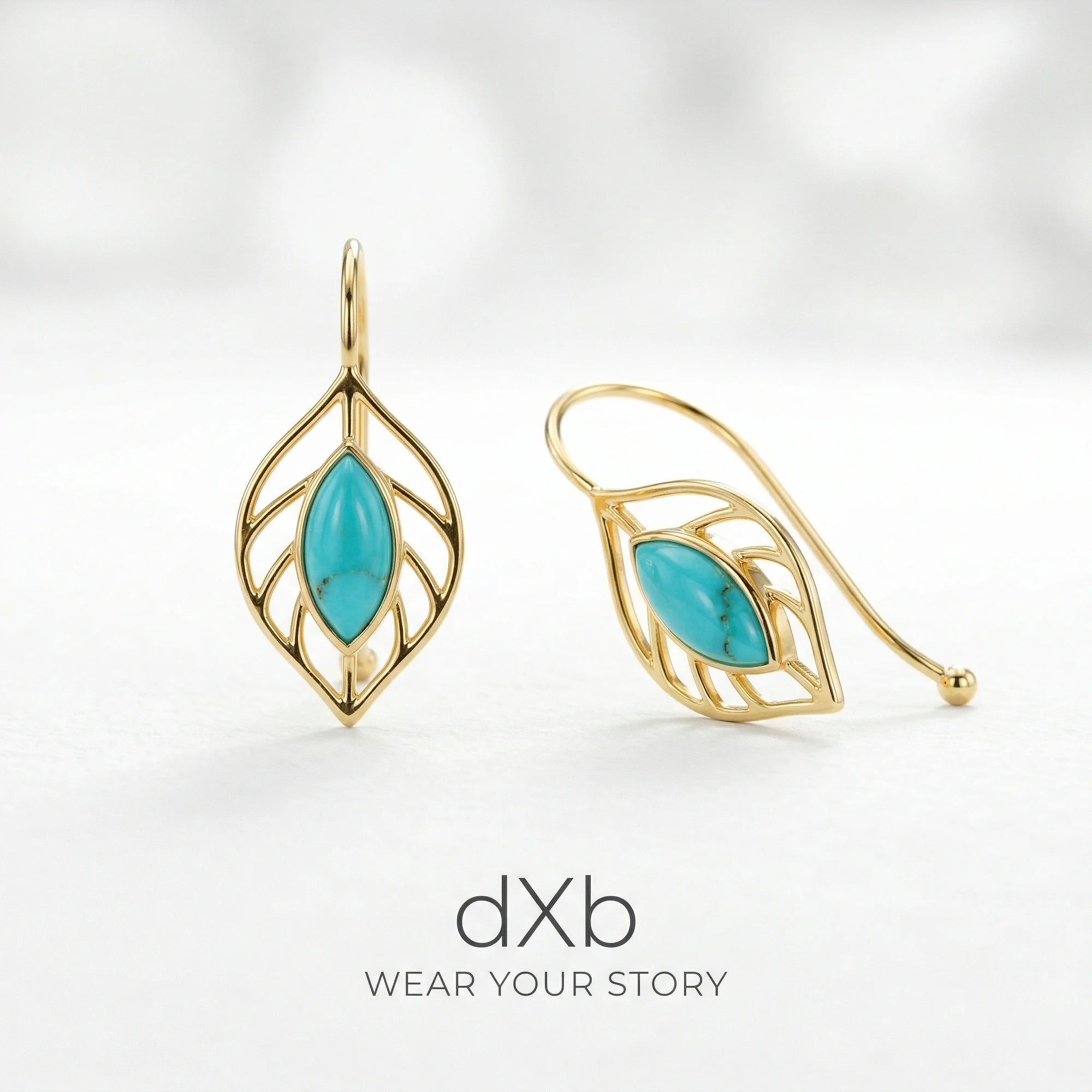 14k yellow gold turquoise marquise leaf motif, botanical, dangle earring