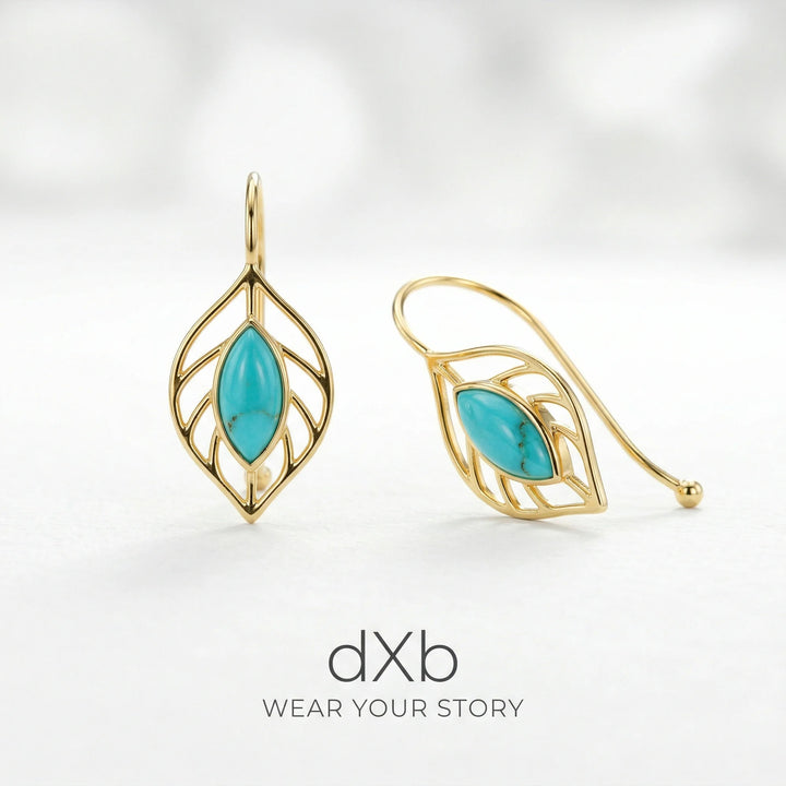 14k yellow gold turquoise marquise leaf motif, botanical, dangle earring