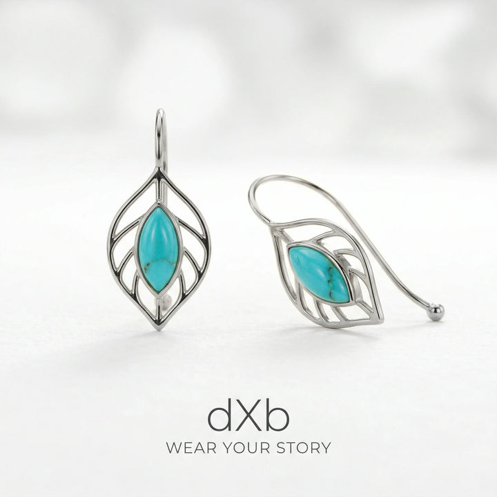 platinum turquoise marquise leaf motif, botanical, dangle earring
