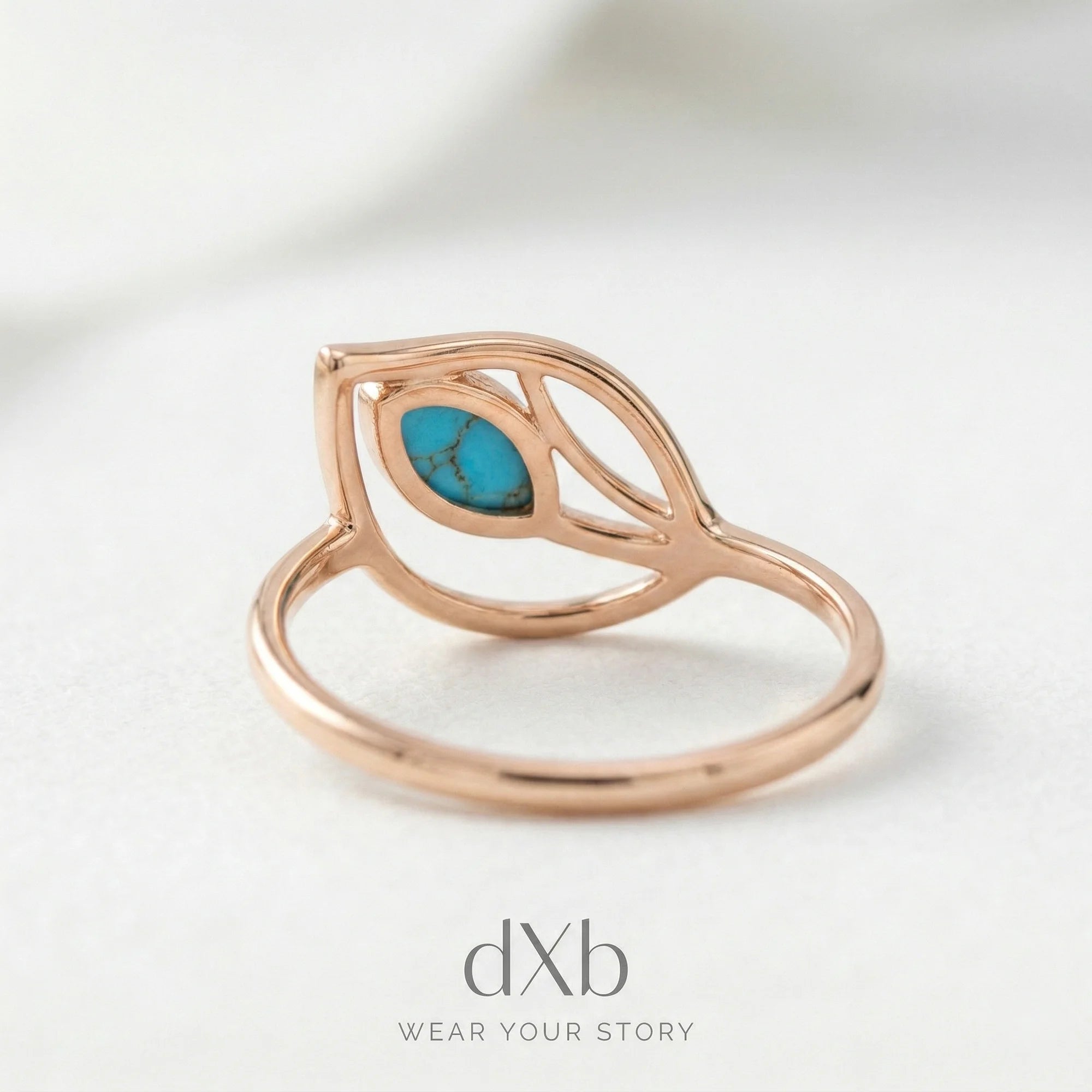 14k rose gold Turquoise marquise leaf motif ring