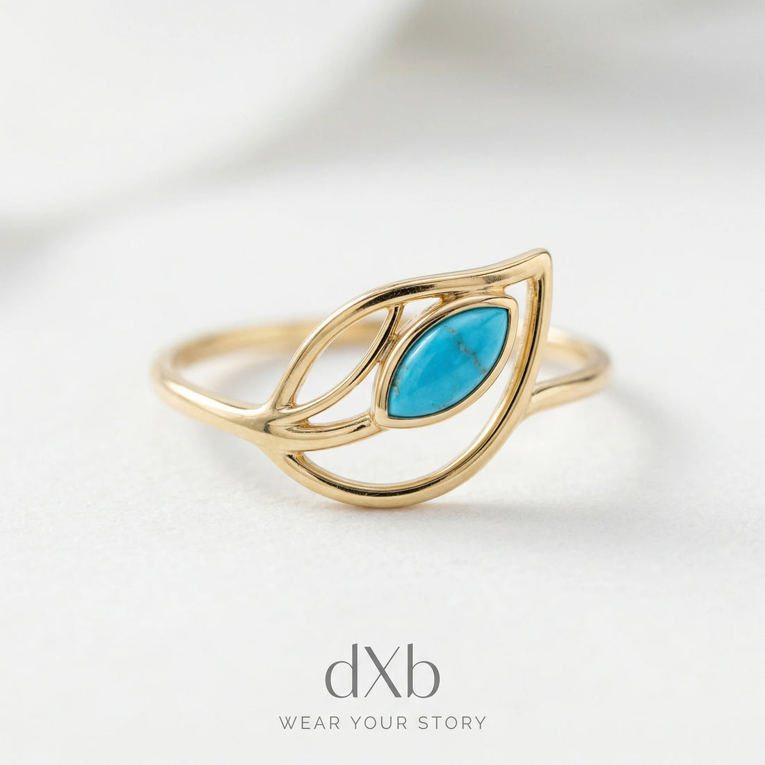 14k yellow gold Turquoise marquise leaf motif ring