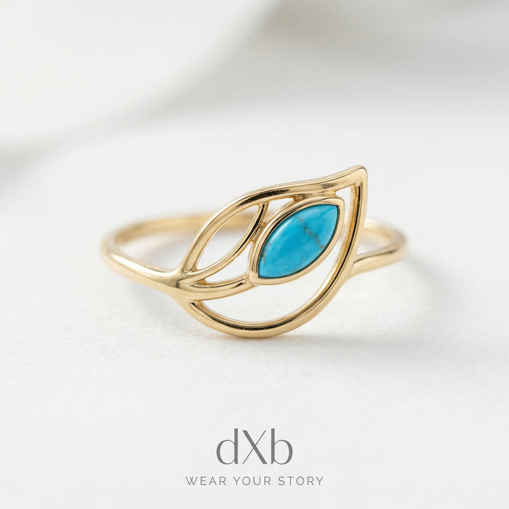 14k yellow gold Turquoise marquise leaf motif ring