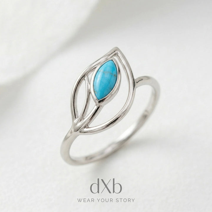 platinum Turquoise marquise leaf motif ring