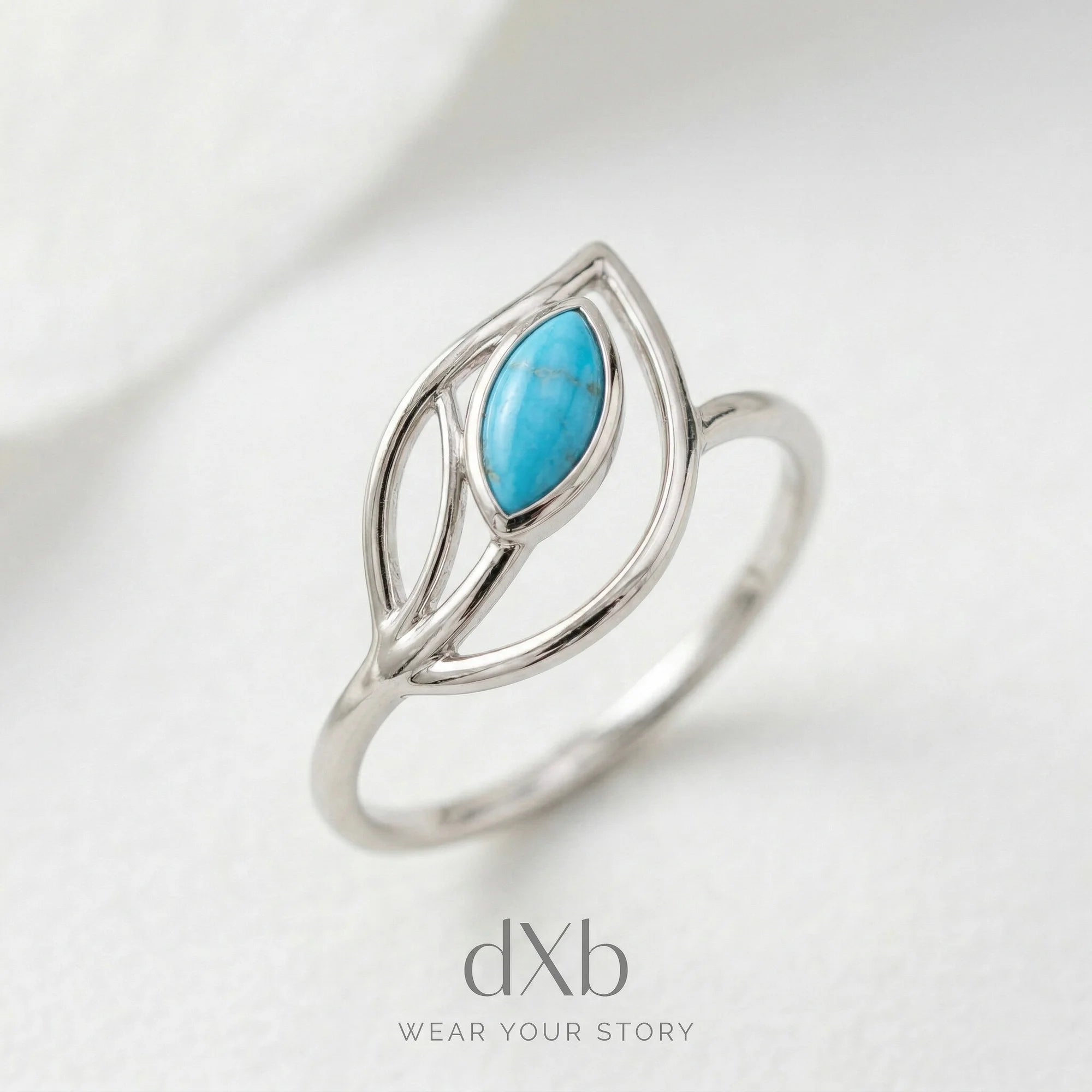 silver Turquoise marquise leaf motif ring