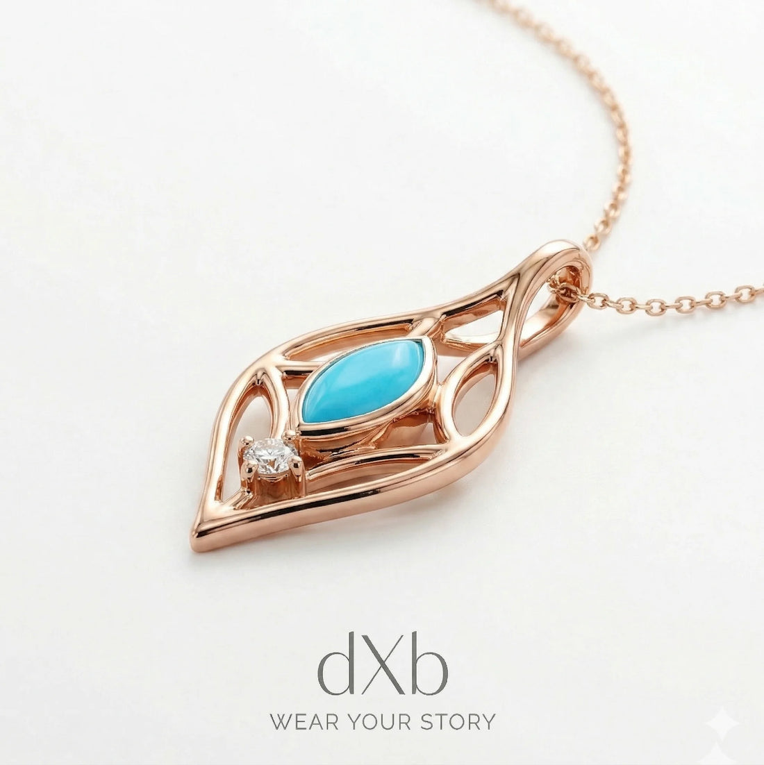 14k rose gold Turquoise Marquise Leaf motif, organic openwork pendant