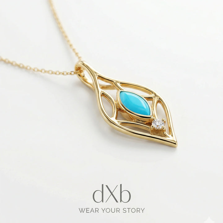 14k yellow gold Turquoise Marquise Leaf motif, organic openwork pendant