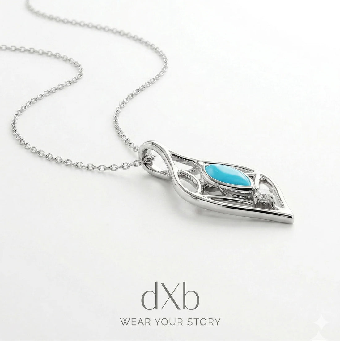 platinum Turquoise Marquise Leaf motif, organic openwork pendant