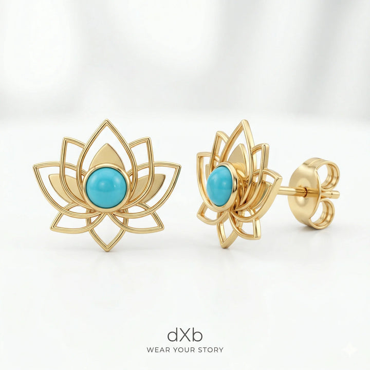14k yellow gold turquoise round lotus flower, spiritual, minimalist earring
