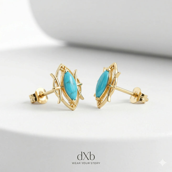 14k yellow gold turquoise marquise abstract earring