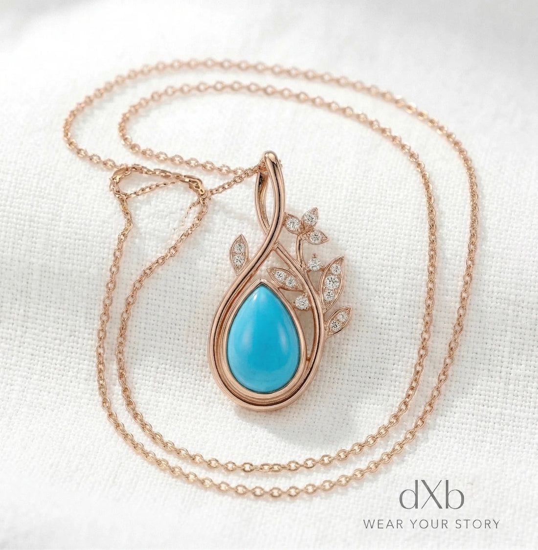 14k rose gold turquoise pear Nature-inspired leaf motif pendant