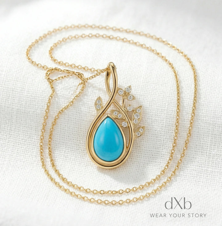 14k yellow gold turquoise pear Nature-inspired leaf motif pendant