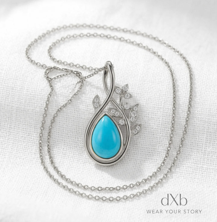 platinum turquoise pear Nature-inspired leaf motif pendant