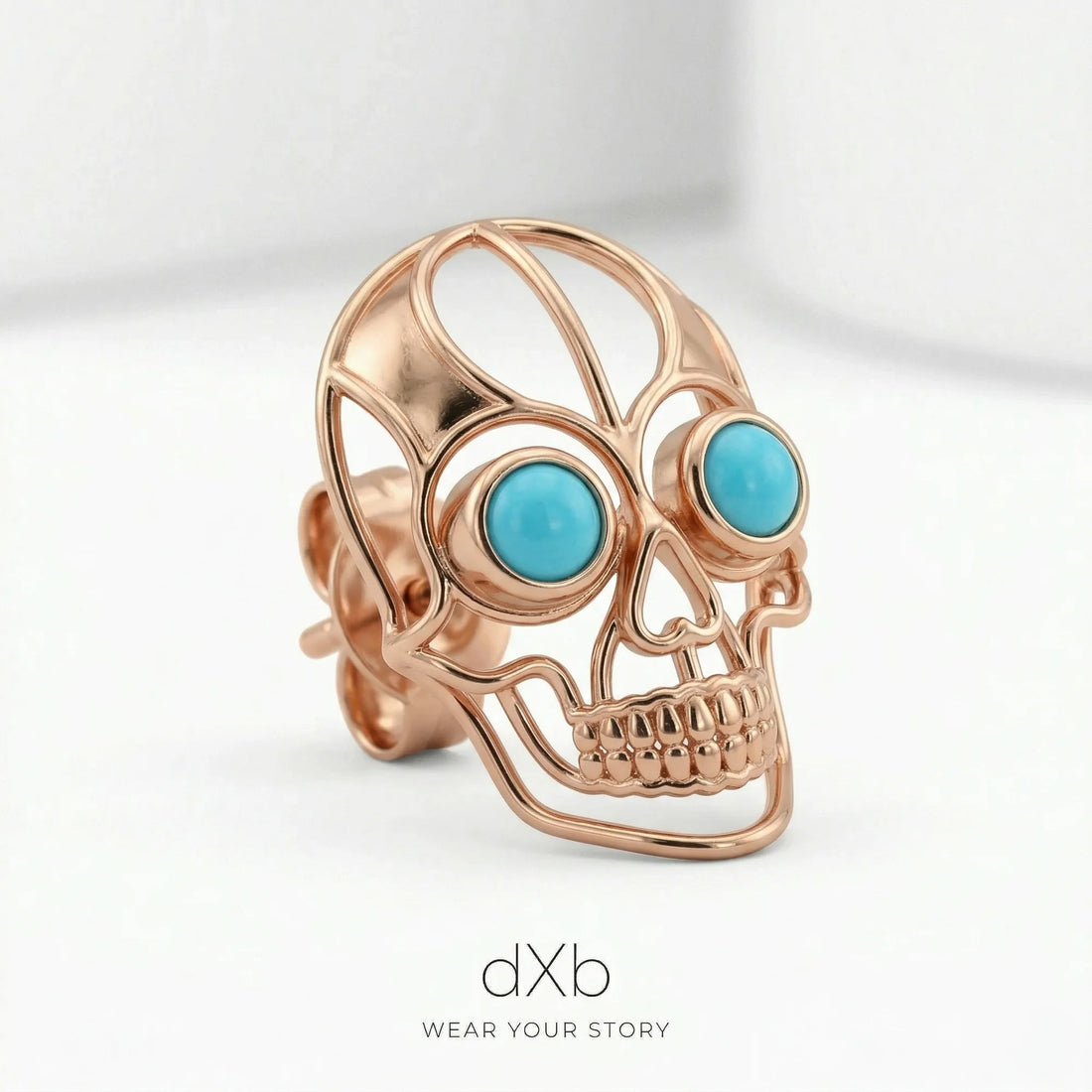 14k rose gold turquoise round skull motif earring