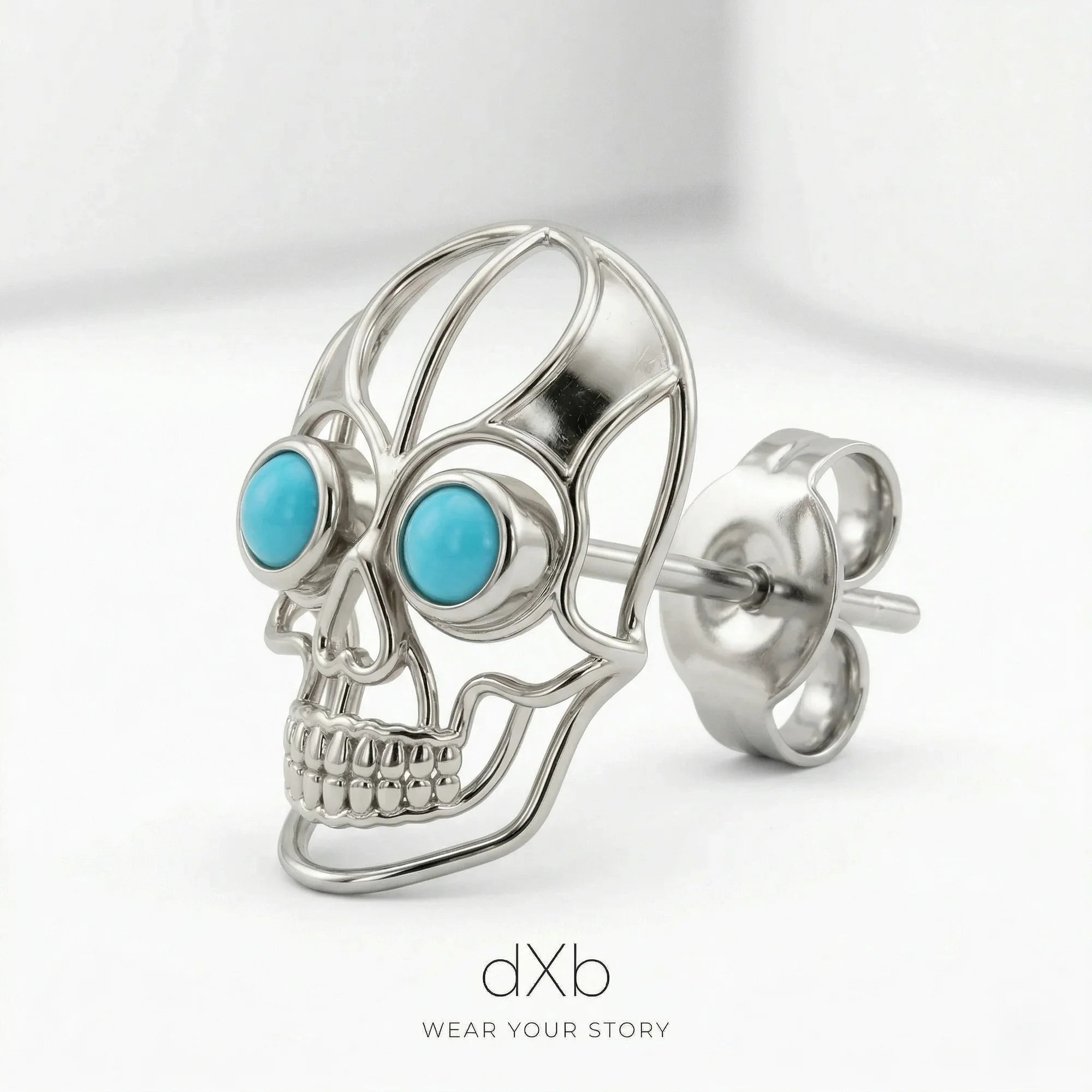 14k white gold turquoise round skull motif earring