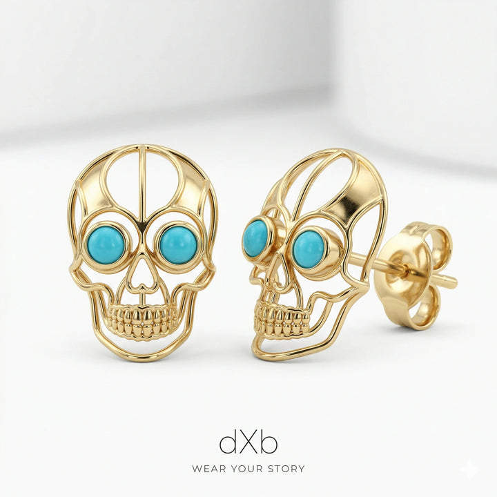 14k yellow gold turquoise round skull motif earring