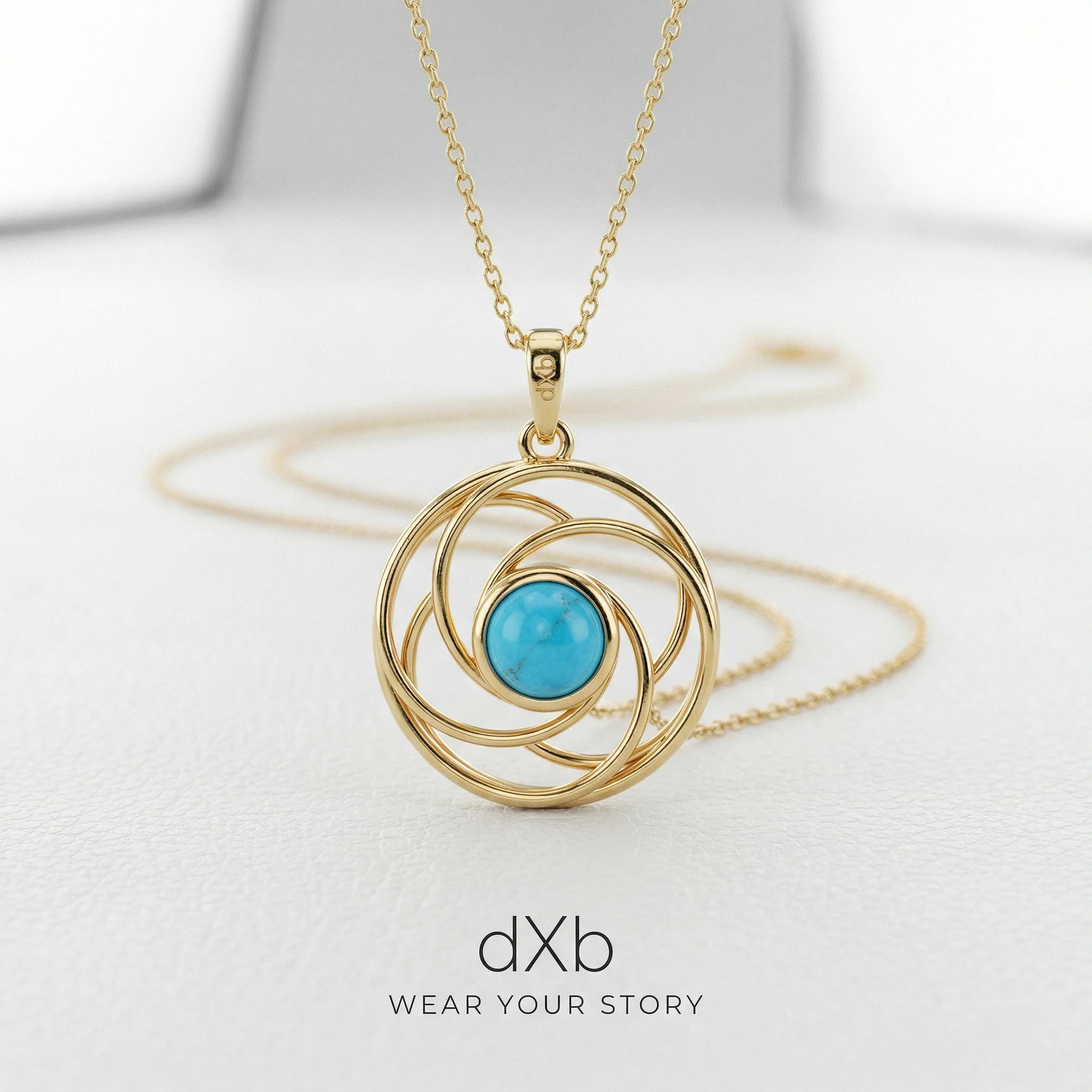 14k yellow gold turquoise round geometric swirl pendant
