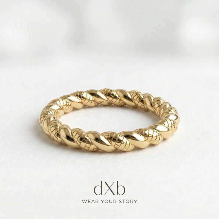 14k yellow gold twisted rope, textured band, stackable ring