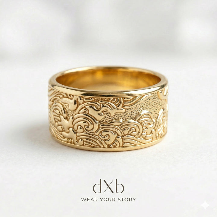 14k yellow gold Dragon Wave Engraved Band ring