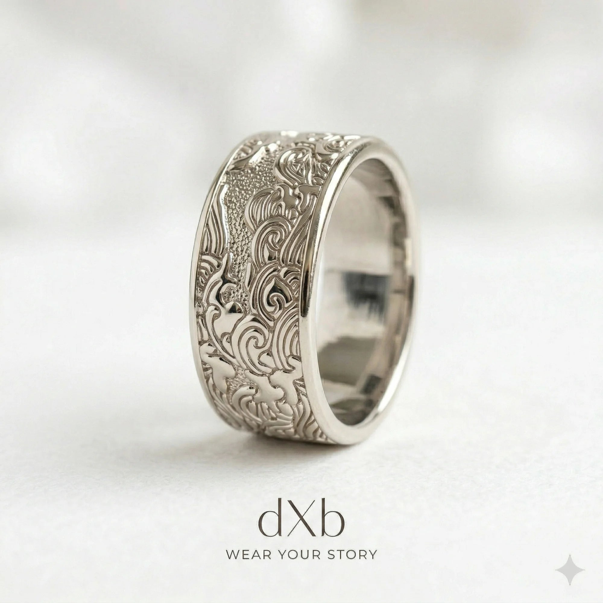platinum Dragon Wave Engraved Band ring