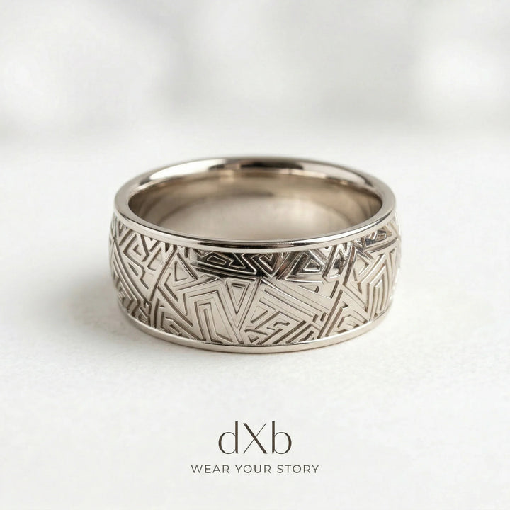 platinum Geometric Pattern Band ring