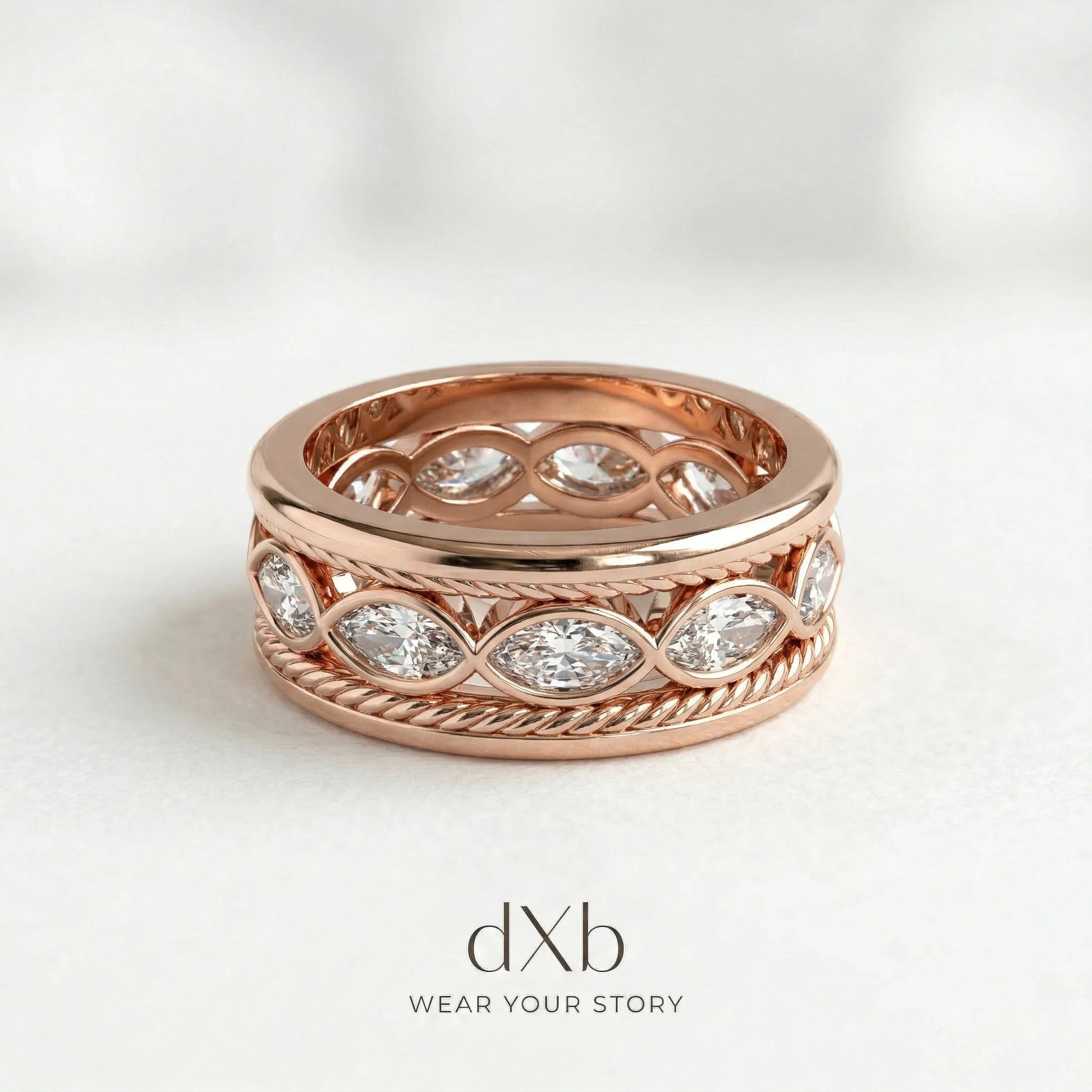 14k rose gold Cubic Zirconia Marquise Eternity Band with Rope Detail ring